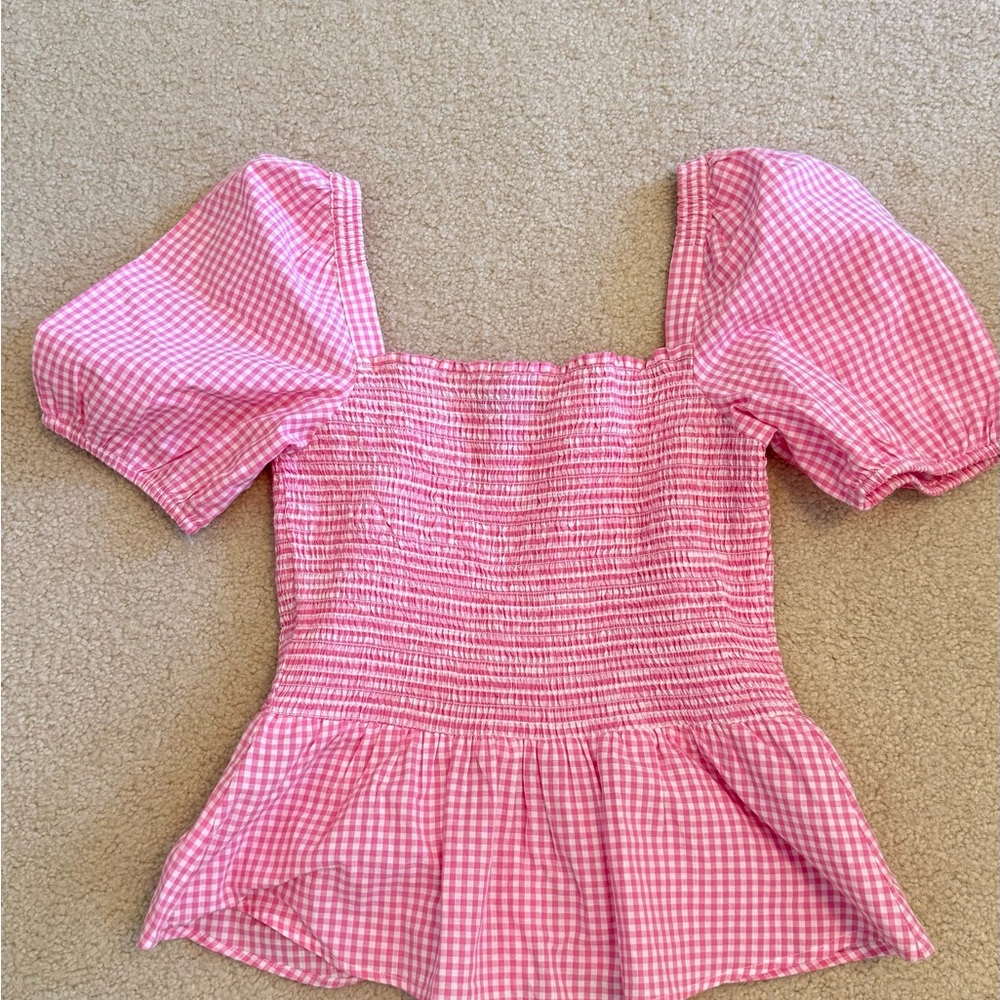 French Connection Pink Checkered Smocked Blouse